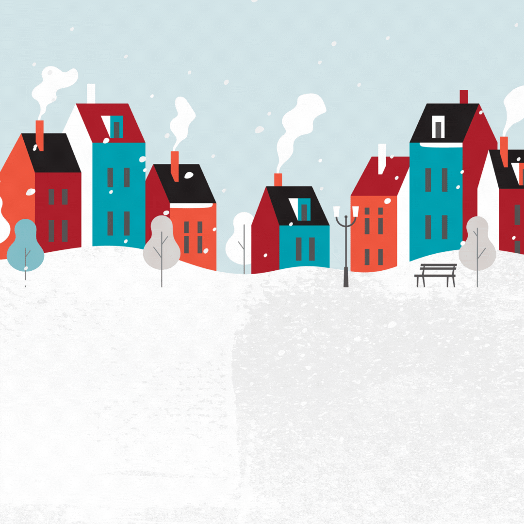 GIF animado 4X de Felices Fiestas que muestra nieve y casas lindas.