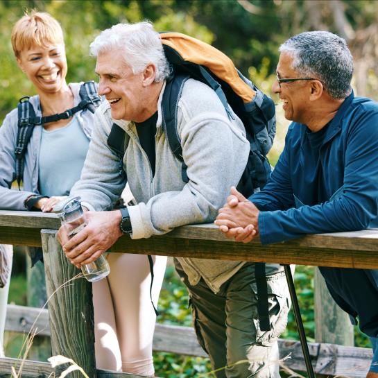 A group of seniors go for a hike and stop to talk on a bridge
