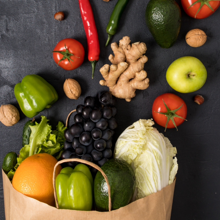 paper bag with fruits and vegetables