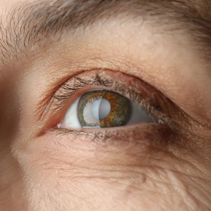 A close up of an eye with cataracts