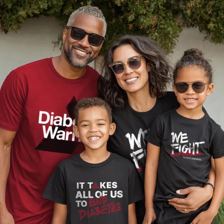 Smiling family wearing American Diabetes Association branded apparel
