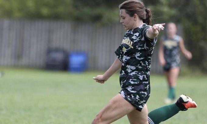 Girl playing soccer on a field.