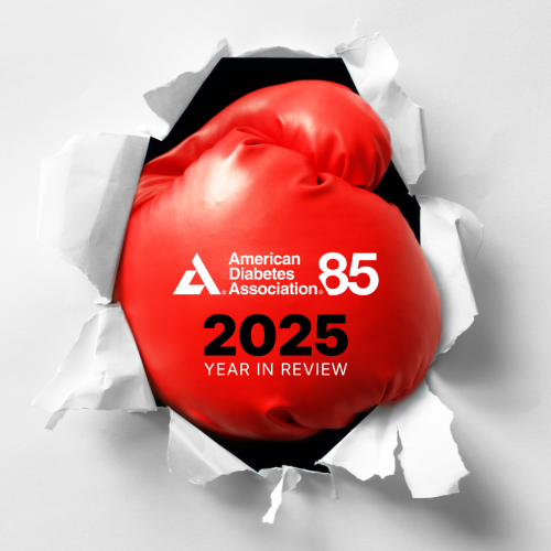 American Diabetes Association 85 Year in Review 2025 on red boxing glove punching through paper