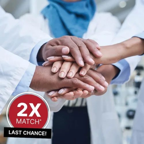 People clasping hands together. 2X Match* in red circle. Last chance! in black bar