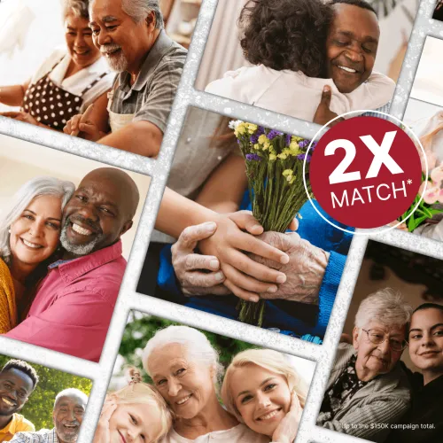 Collage of smiling couples and family members with 2X Match in red circle