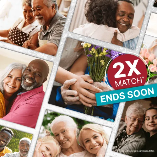 Collage of smiling, diverse people, many seniors. Text: 2X MATCH ENDS SOON.