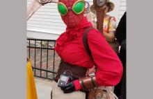 A person dressed as Steampunk Spider-Man with insulin pump