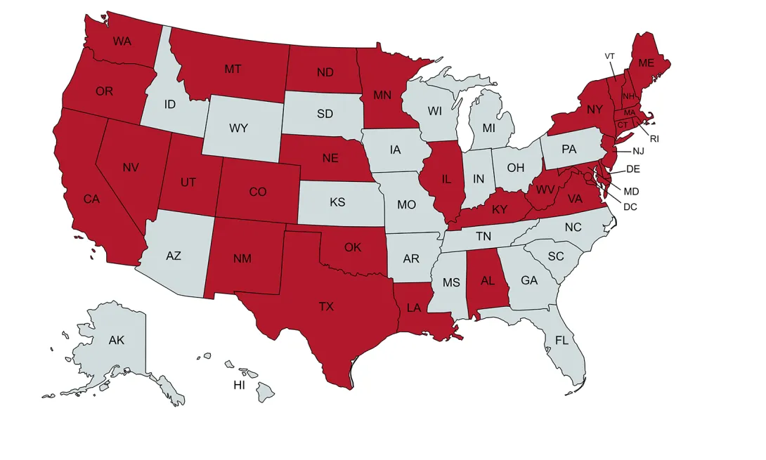 United States map showing states with reduced insulin co-pay caps in red and other states in gray