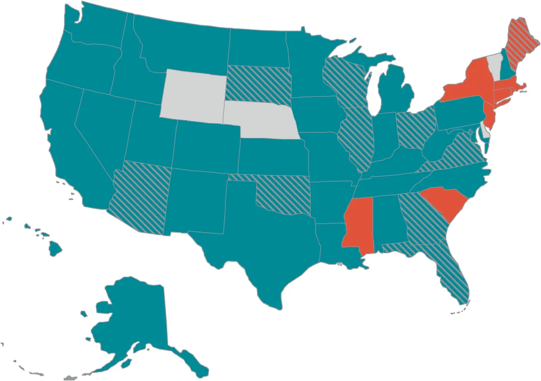 Map of the United States with states in different colors showing legal protections