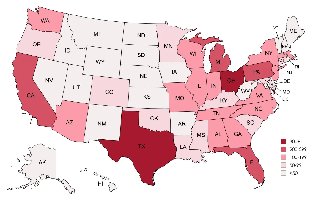 Graphic: US map showing states with data ranges. Darkest red (20+) is highest, lightest red (5) lowest. Showing how many signatures have been gathered supporting the INSULIN Act